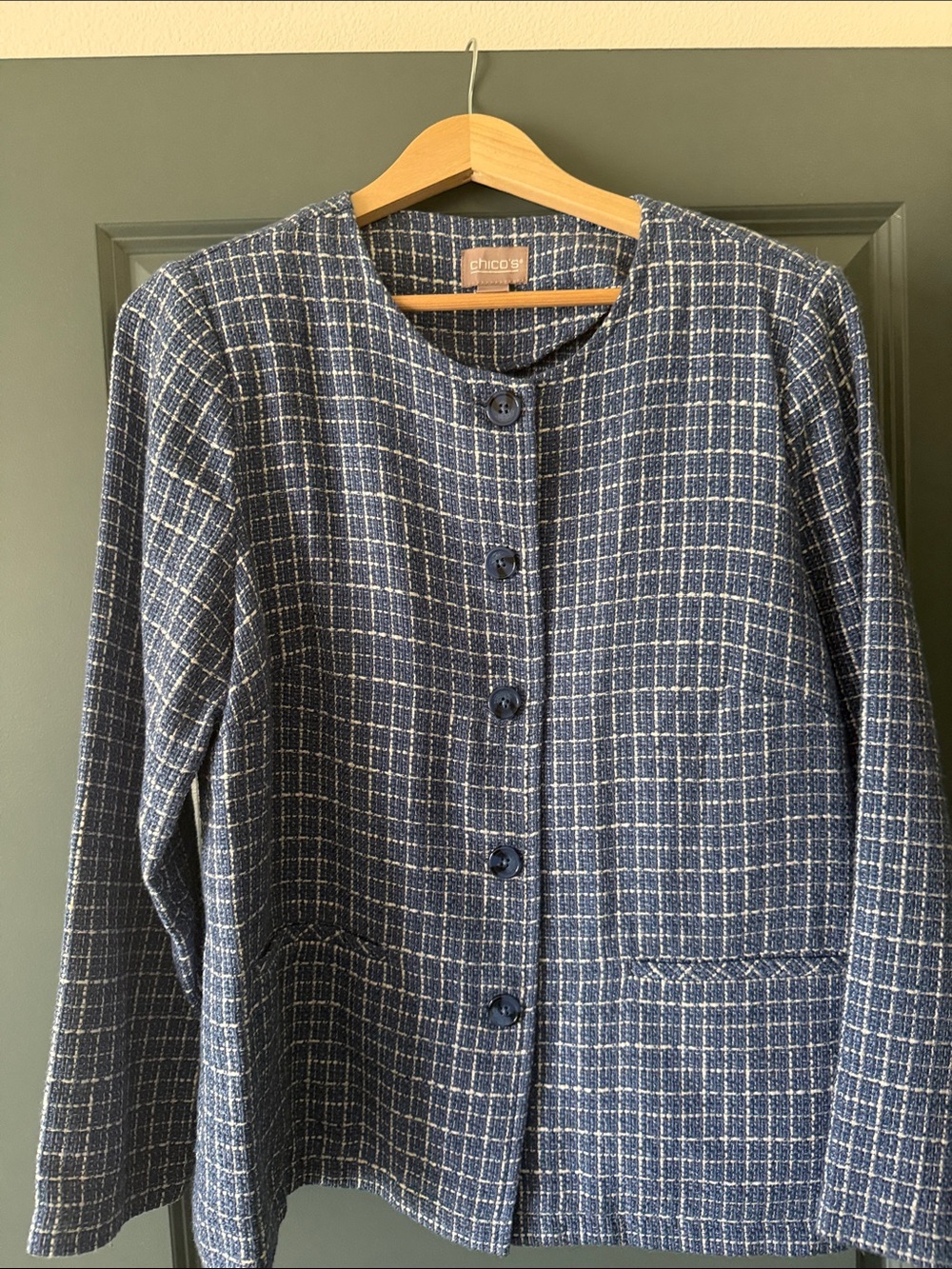 Chico's Navy & White Plaid Button Jacket